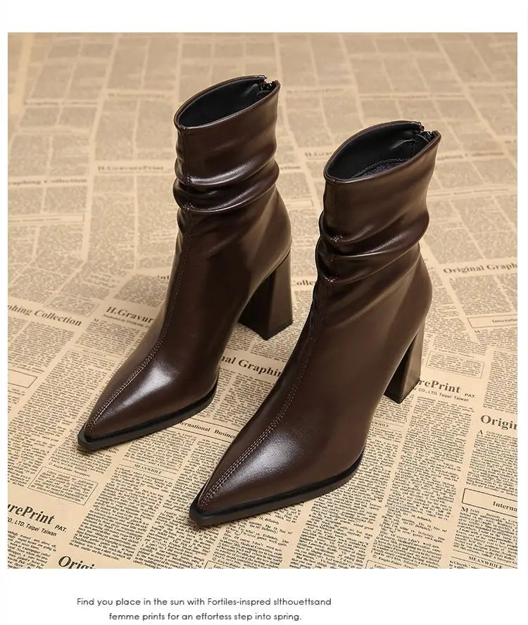 Autumn Womnen's High Heel Ankle Boots New Winter Plus Velvet Pointed Toe Chunky Heel Chelsea Boots for Women Heeled Sheos Dress