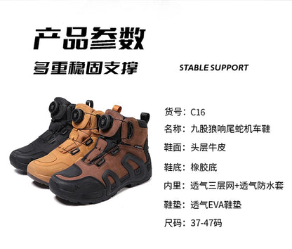 Men Motorcycle Riding Boots Waterproof Cowhide Leather Breathable Anti-Slip Wear-Resistant Street Moto Shoes