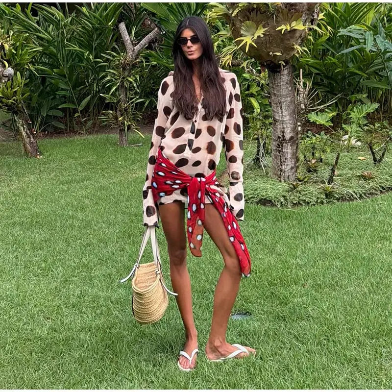 2026 Women Chic Vacation Outfits Fashion Leopard Print Sheer Chiffon Shirt Casual Turn-down Collar Mini Dress & Detachable Scarf