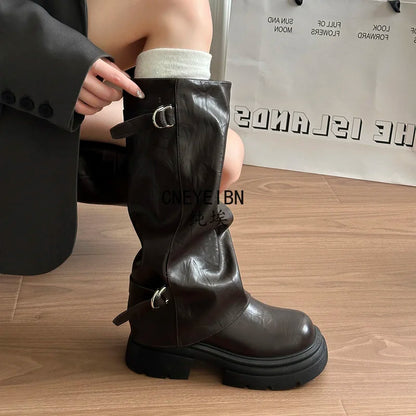 Women Double Buckle Slouch Knee High Boots Round Toe Platform Thick Sole Leather Tall Boots Street Casual Daily Ladies Boots