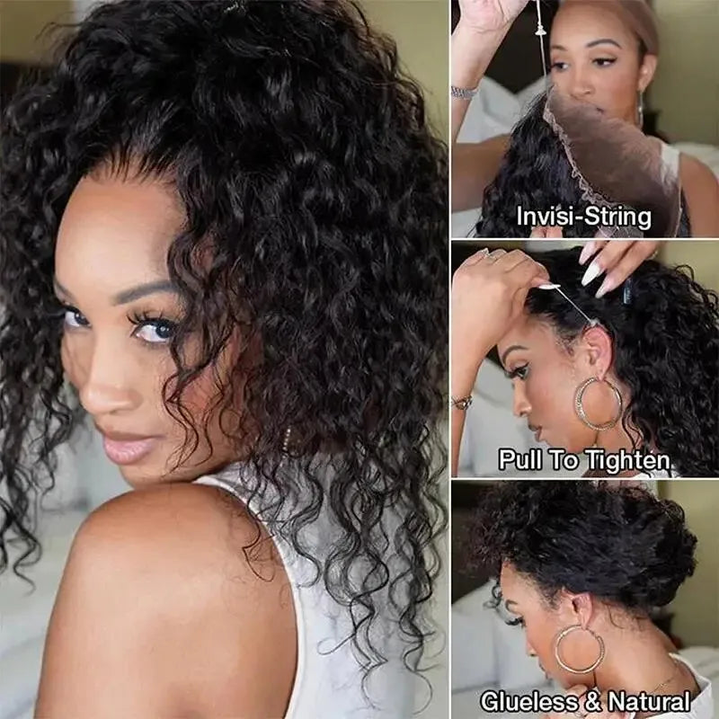 360 HD Lace Front Wigs Hidden Strap Deep Wave Human Hair Pre Plucked 220 Density Full Lace Frontal Wig with Invisible Drawstring