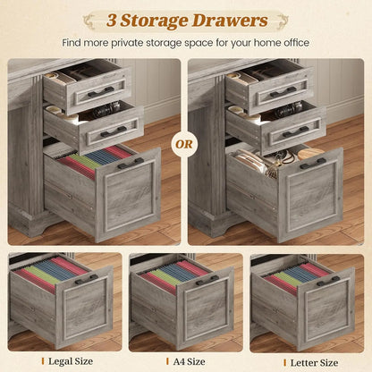 Office Desk with 3 Drawers, 47.2' Executive Computer Desk with Storage Drawers and Hutch Cabinet, Wood Farmhouse Desk with