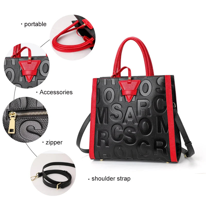 Genuine leather letter printed women's handbag new large capacity contrasting leather crossbody bag