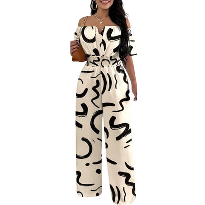 Summer New Women Sexy One Line Shoulder Solid Color Short Sleeve Jumpsuit Slim Elastic Waist Loose Straight Female Long Jumpsuit