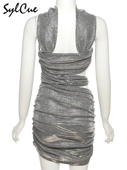 Sylcue Solid Color Flash Hollow Summer Bachelor Party Sexy Mature Beautiful Confident Tight Hot Cool Women's Halter Dress