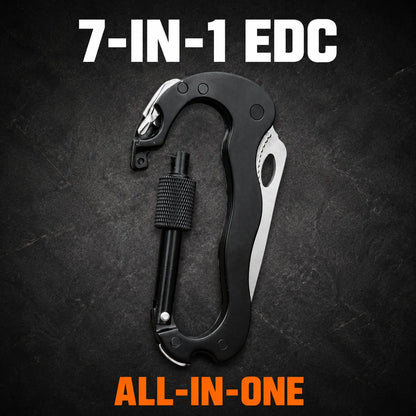 7-in-1 Multifunctional Carabiner EDC Survival Gear with Knife Bottle Opener Fire Starter Screwdriver for Camping Hiking