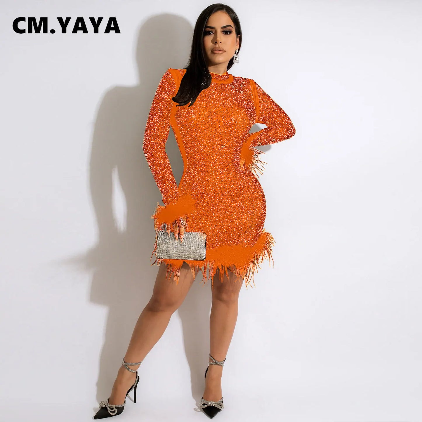 CM.YAYA Elegant Hot Rhinestones Diamonds Crystal Women Fur Hem Long Sleeve Bodycon Midi Dress Chic Party Club Even Prom Dresses