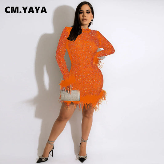 CM.YAYA Elegant Hot Rhinestones Diamonds Crystal Women Fur Hem Long Sleeve Bodycon Midi Dress Chic Party Club Even Prom Dresses