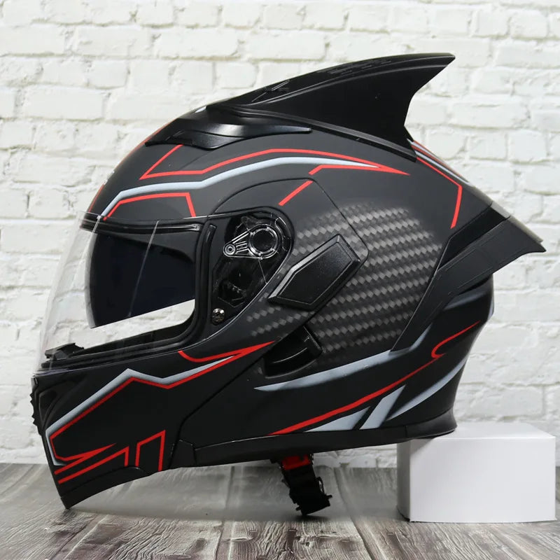 JIEKAI Motorcycle Flip Up Helmet Personality Horn Tail Motorbike Motocross Shark Moto Helmet Technology Design Full Face Casco