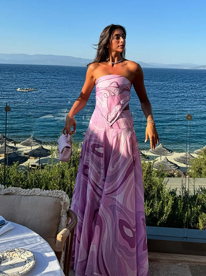 Summer Printed Women Crop Top Metal Strap Backless Lace Up Tank Chic Party Beach Strapless Vestidos 2025 Lady Vacation Clothing