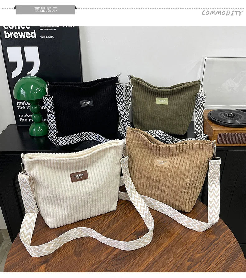 Solid Color Corduroy Messenger Bag Versatile Handbag Women Shoulder Crossbody Bags Casual Chic Bucket Women‘s Bag Bolsos Mujer