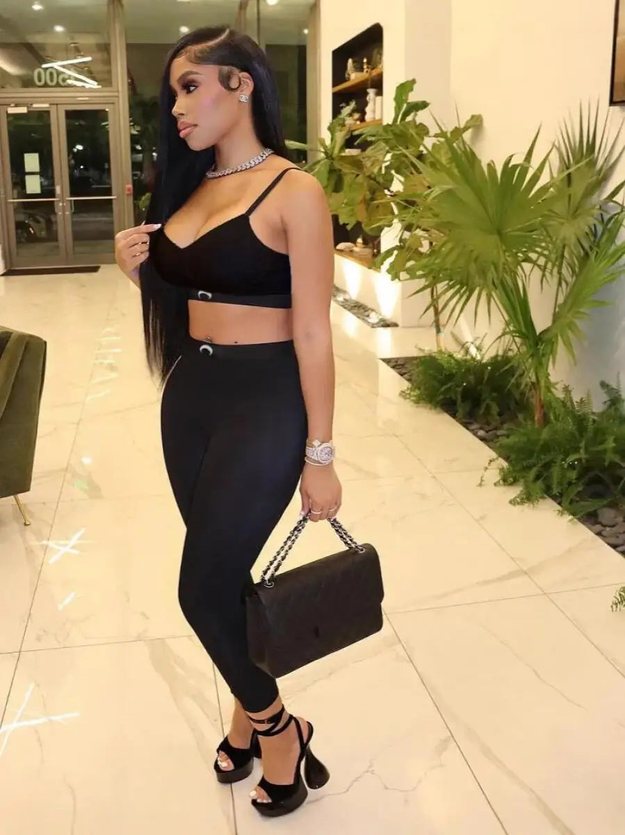 Black Tank Top Set Women Two Piece Pants Moon Print Ins High Street Summer Sexy Slim Fit Versatile Outerwear