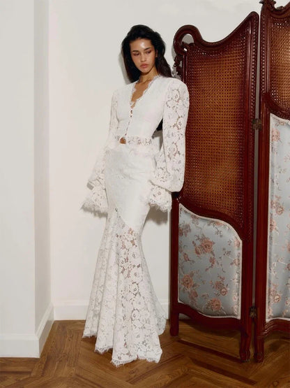 White Lace Patchwork Long Skirt Set Women Chic Full Flared Sleeves V-neck Slim Cropped Sets 2026 Lady Spring Evening Party Wear