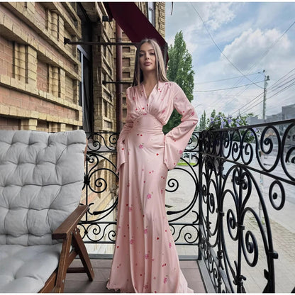 Vintage Floral Halter Deep V Neck Women's Dress Sexy Side Waist Cutout Flowy Long Sundress Summer New Chic Vacation Party Outfit