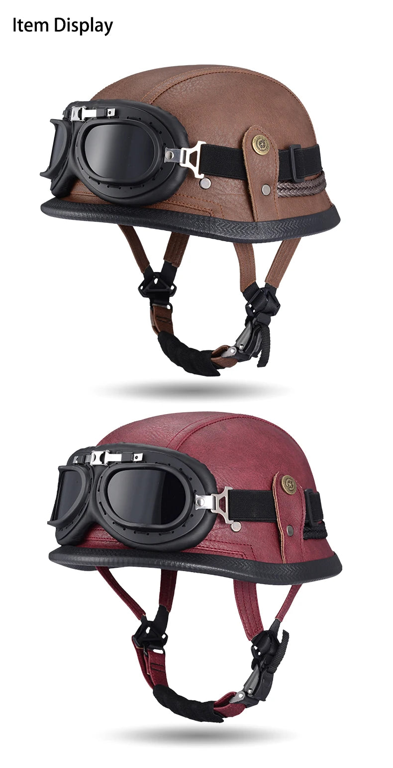 Factory Price Motorcycle German Style Leather Half Face Helmet DOT Approved Cap1/2 Shell Helmets+Goggles Open-Face Casque