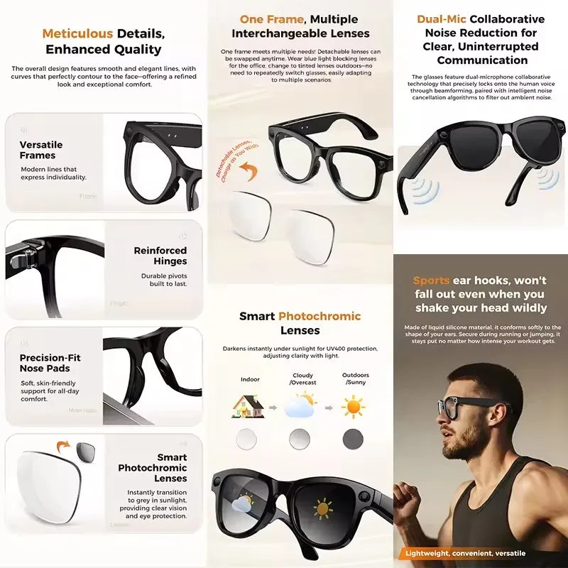4K 800W HD Camera AI Smart Glasses Men Record Video 3790mAh Battery Languages Translation 3D Music Player Glasses With Camera