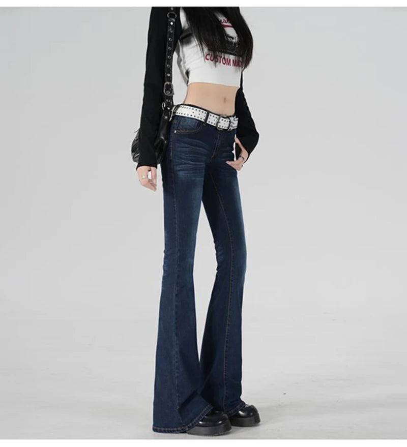 Stretch Flared Jeans Low Rised Pocket Denim Pants Women Y2K Casual Full-length Dark Blue Jeans Vintage 90S Jeans Female Trousers