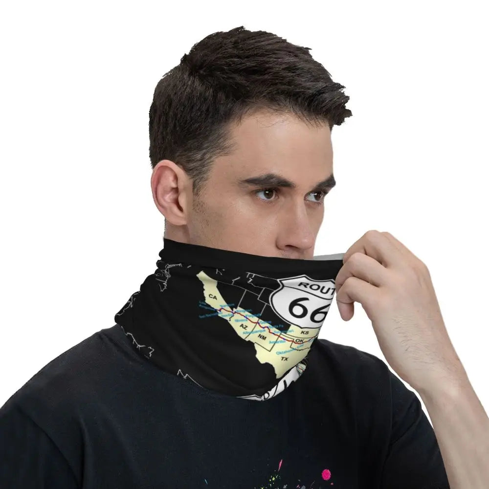 Custom Travel Motorcycle Ride Route 66 Bandana Winter Neck Warmer Windproof Wrap Face Scarf for Hiking Highways Gaiter Headband