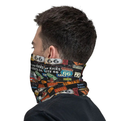 Custom Travel Motorcycle Ride Route 66 Bandana Winter Neck Warmer Windproof Wrap Face Scarf for Hiking Highways Gaiter Headband