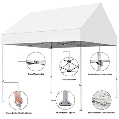 Party tent for outdoor events, snow white polyester fabric, instant pop-up setup with USA patent, includes heavy duty roller ba