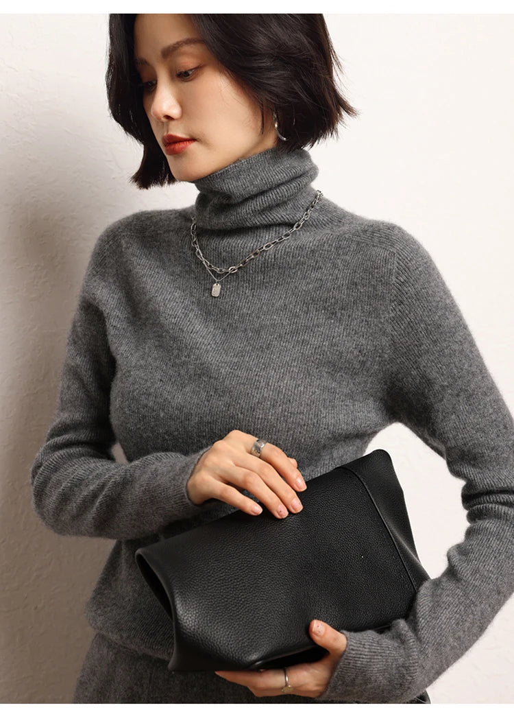 100% cashmere sweater women's knitted pullover sweater high neck solid color slim fit soft cashmere basic women's sweater