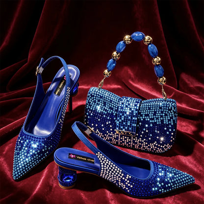 Hot Fuchsia Full Rhinestone Slingback Heels Matching Clutch Bag Set Women Luxury Crystal Pointed Shoes for Wedding Evening Party