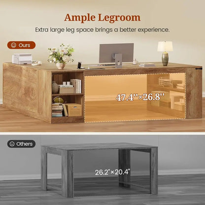 Large L-Shaped Office Desk with Storage, Power Outlets, and Lateral File Cabinet in Oak Finish