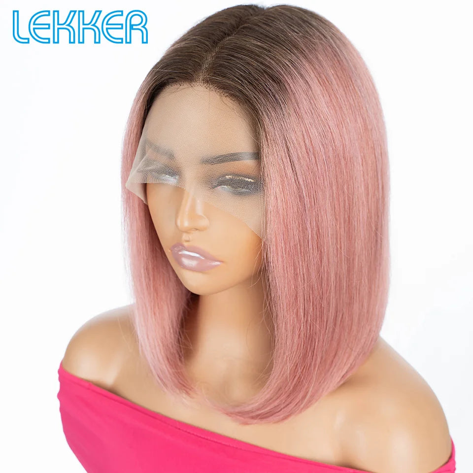 100% Human Hair Wigs Highlight Brown Long Pixie Straight Bob Middle Part lace Front For Women Brazilian Remy hair Glueless Wigs