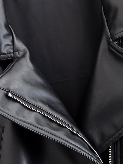 HH Women Fashion Black Short Faux Leather Trench Coat Long Sleeve Lapel Jacket With Belt Vintage Lady Motorcycle Jacket Outwear