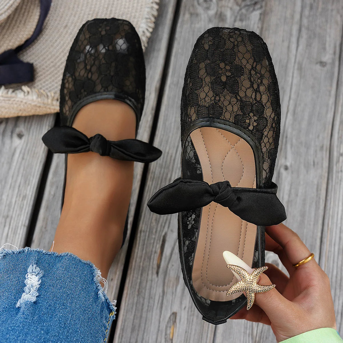 Plus Size 43 Women Fashion Ballet Flats Breathable Laces Square Toe Spring Summer Flat Shoes For Female Daily Walking Loafers