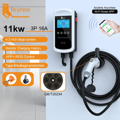 feyree GB/T Socket EV Charger 7.6kw 32A Wallbox 4.3 inch Big Screen APP Charge History Record 11kw 22kw 3 Phase Charging Station