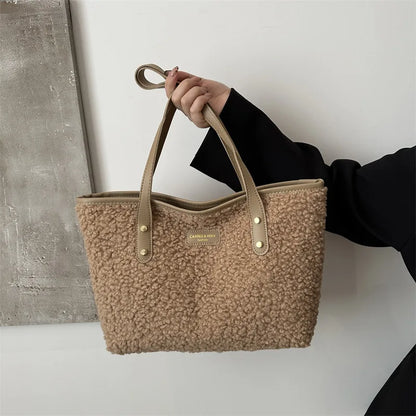 Soft Handbag Large Capacity Fall Winter Shoulder Bag Women Lamb Wool Tote Bag Zipper Closure Casual Shopping Traveling Tote