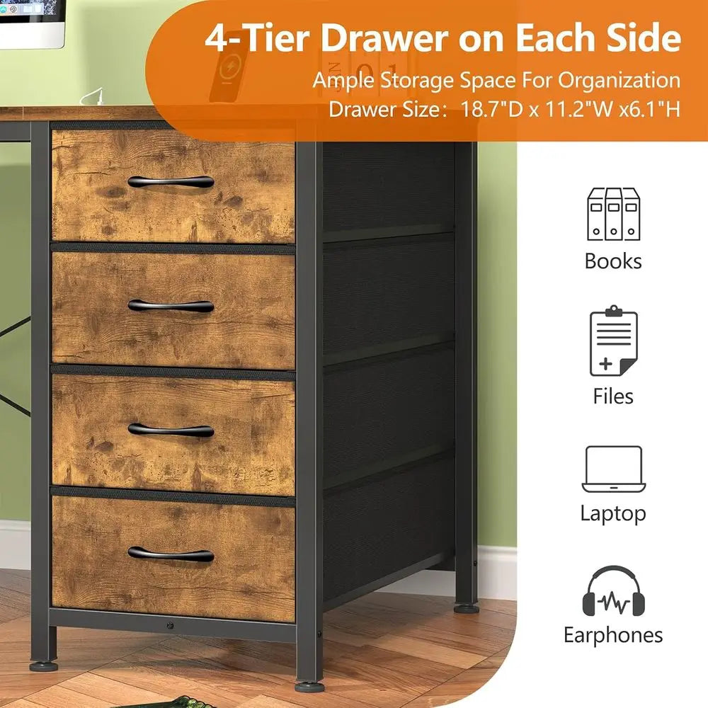 50-inch Rustic Brown Study Desk with 8 Drawers, Power Outlets for Home Office and Gaming