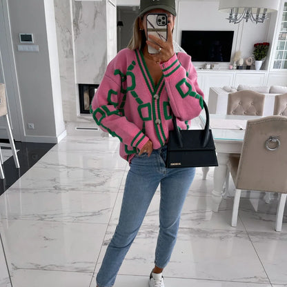 Autumn Winter Jacquard Knitted Coat Women Fashion V-neck Long Sleeve Single Breasted Knitting Cardigan Coats Female Streetwear
