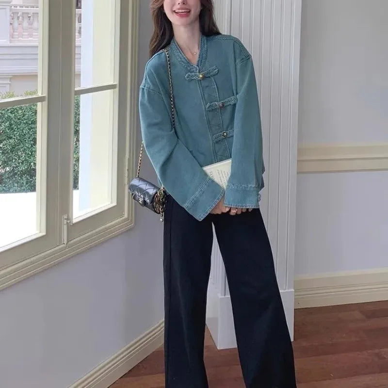 Women Clothing Autumn Fashion Simplicity All-match Temperament Button Solid Color O-neck Female Chinese Style Denim Jacket Tops