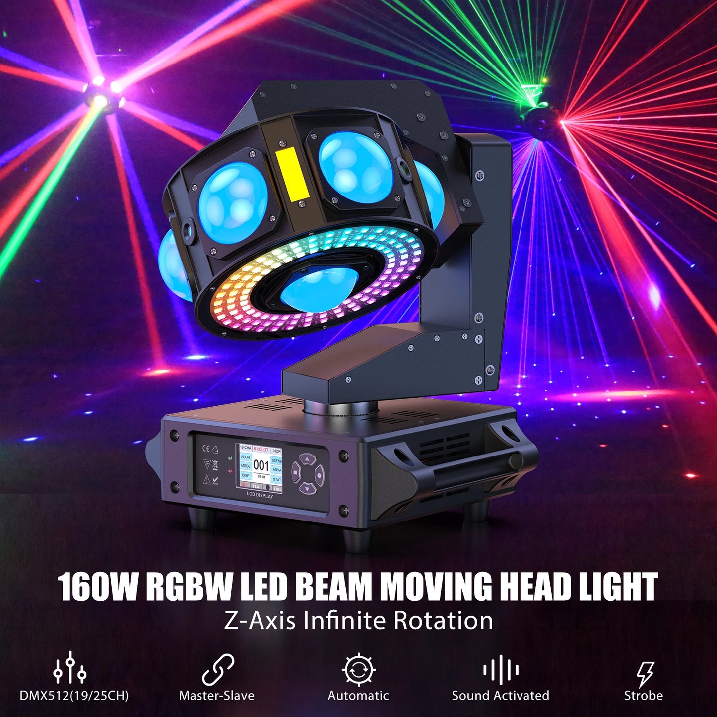 160W LED Moving Head Light Beam RGBW 360°Rotation Stage Effect Lighting Projector DMX512 Sound Control for Disco Party Concert