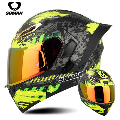 SOMAN Full Face Helmet Dual Lens Flip Up Motorcycle Helmets Casco Accessories Men Women Casque Moto Racing DOT Approved Visor