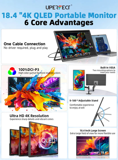 UPERFECT QLED 18.4" 4K UHD Laptop Monitor w/ HDMI USB C 3.1 For XBOX PS5 Ultrawide Game View Display PC Mac Phone Extend Screen