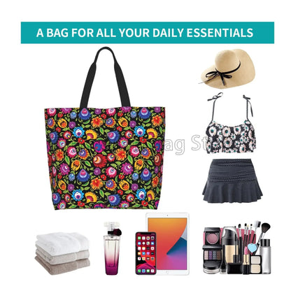 Mexican Ethnic Flowers Tote Bag Large Capacity Zipper Women Grocery Bags Purse Shopping Handbags Casual Travel Shoulder Bag