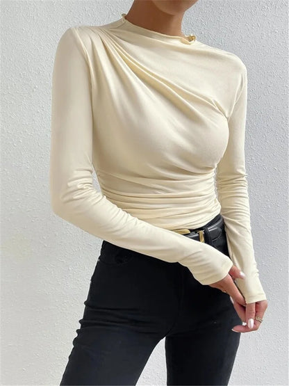 Fashion Solid Color Slim Fit T Shirt Women Trendy All-match Folds Long Sleeve T Shirts Ladies Tops Streetwear 2024 Spring New