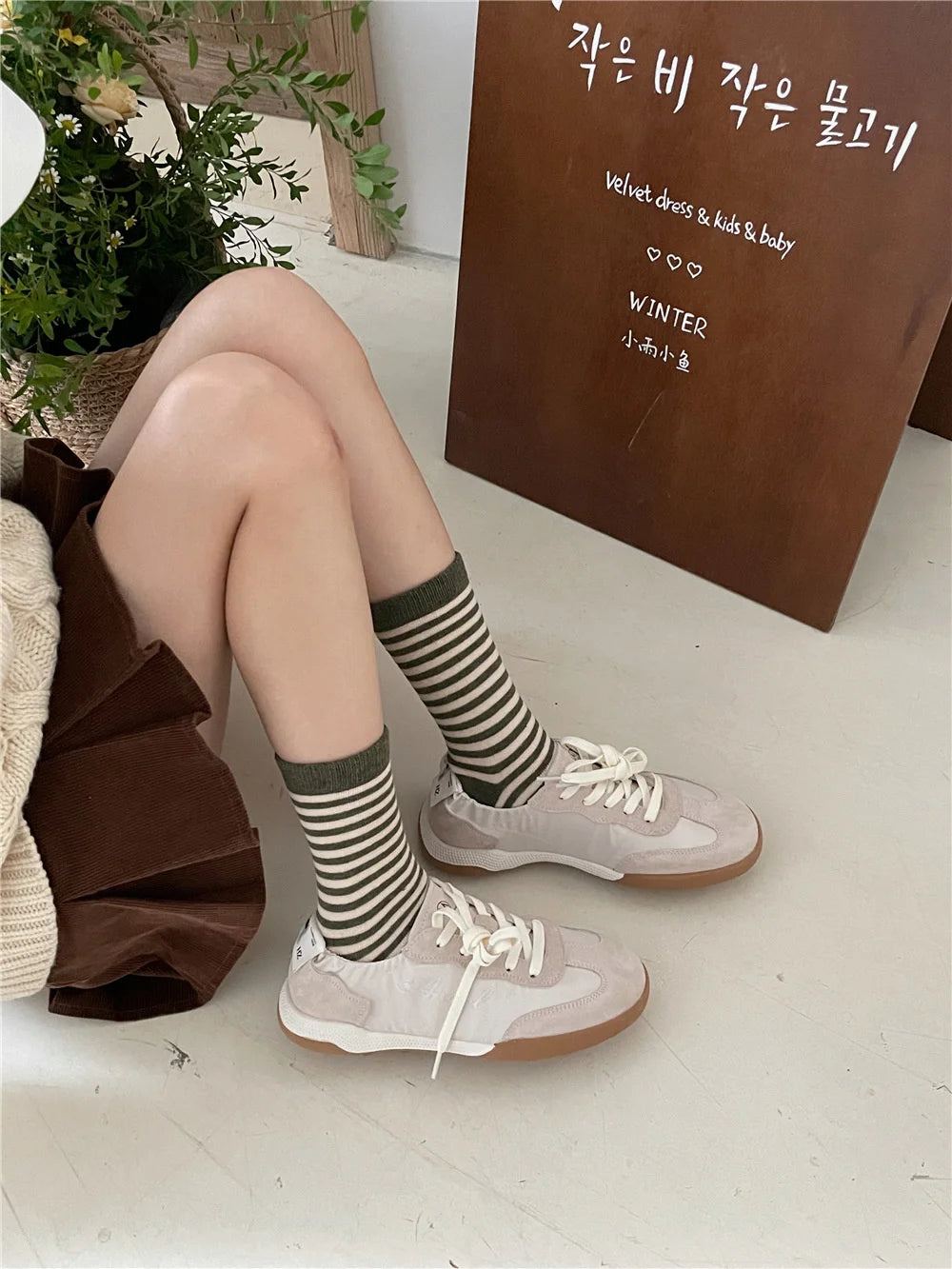 Korean Simple Colored Striped Cotton Socks Women’s Autumn Winter Breathable Middle Tube Socks College Style Trendy Casual Socks