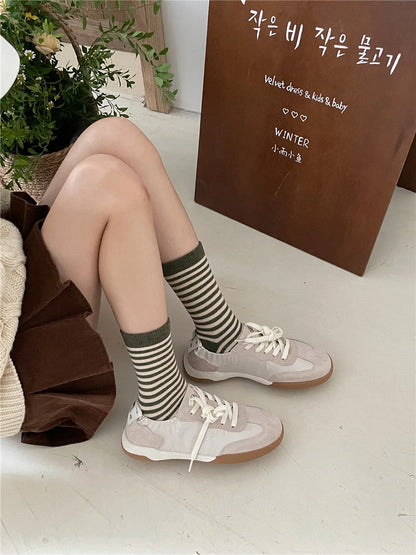 Korean Simple Colored Striped Cotton Socks Women’s Autumn Winter Breathable Middle Tube Socks College Style Trendy Casual Socks