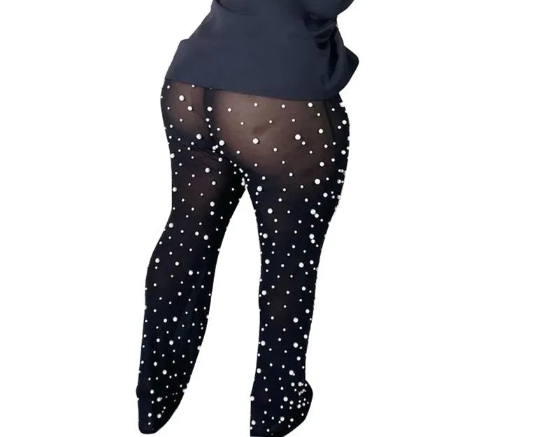 Fall Women's Wide Leg Beaded Pants 2024 Mesh Comfortable Commuter Casual Solid Color Ladies Loose Straight Leg Pants