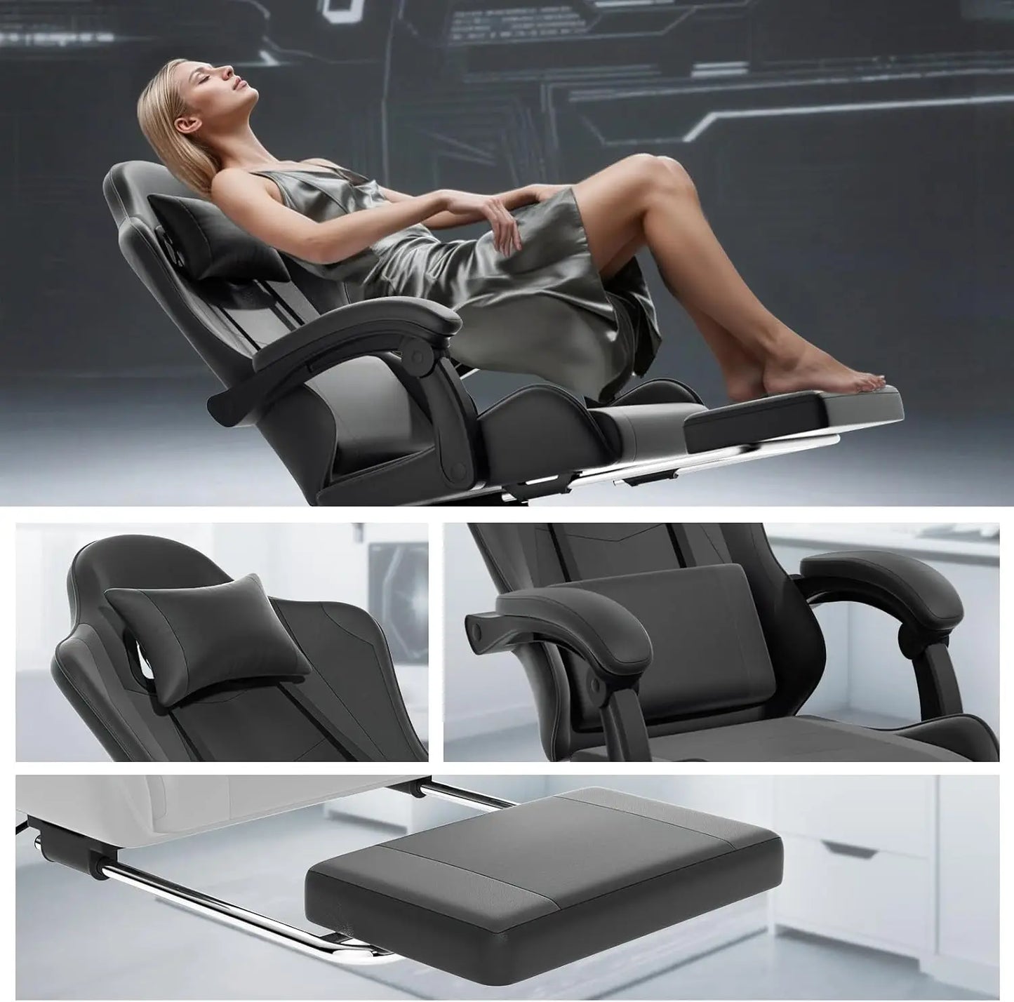 Gaming Chair, Ergonomic Gaming Chair with Footrest & Headrest Lumbar Support, Height Adjustable Swivel Compute