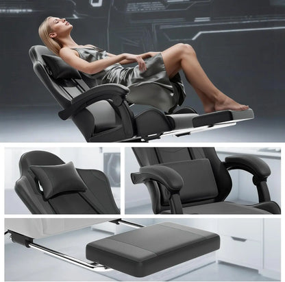 Gaming Chair, Ergonomic Gaming Chair with Footrest & Headrest Lumbar Support, Height Adjustable Swivel Compute
