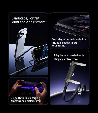 240W 2-in-1 Type C to USB C Fast Charging Data Cable Foldable Phone Holder Type C Fast Charging cabo For iPhone 17 Black/Orange
