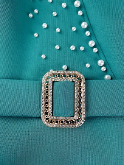 Luxury Evening Dress V-neck Bead Belt Mesh Lantern Long Sleeve Sexy Women's Party Classy Office Ladies Wedding Guest Gowns