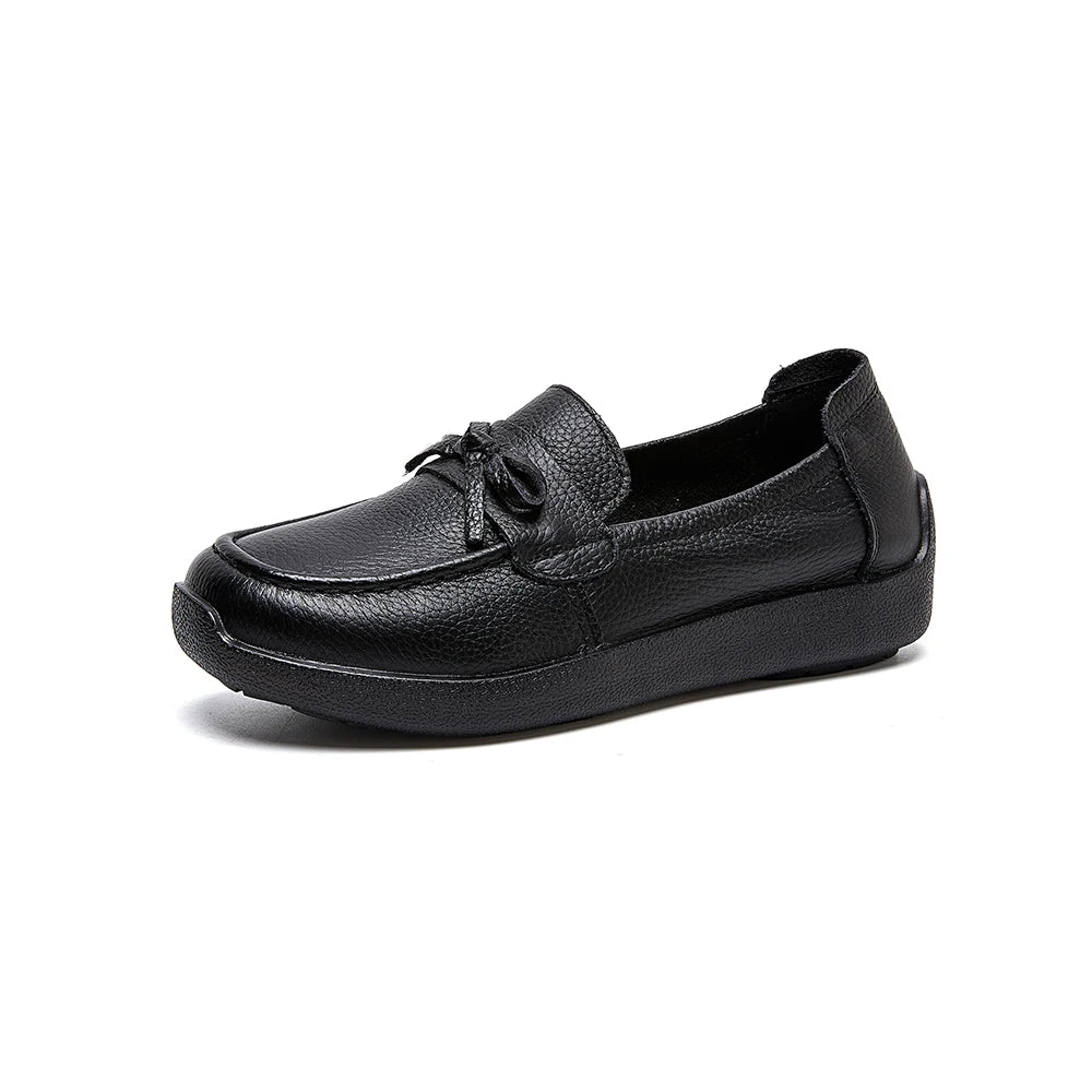 AIYUQI Women Bow Genuine Leather Loafers Slip‑on Platform Women Flat Shoes Mother Shoes Ladies Casual Walking Moccasins
