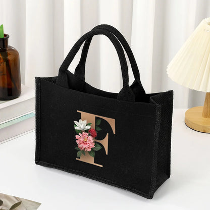 Black hand-held canvas bag, 26 letter printed women's handbag, large capacity portable leisure beach bag, indoor waterproof
