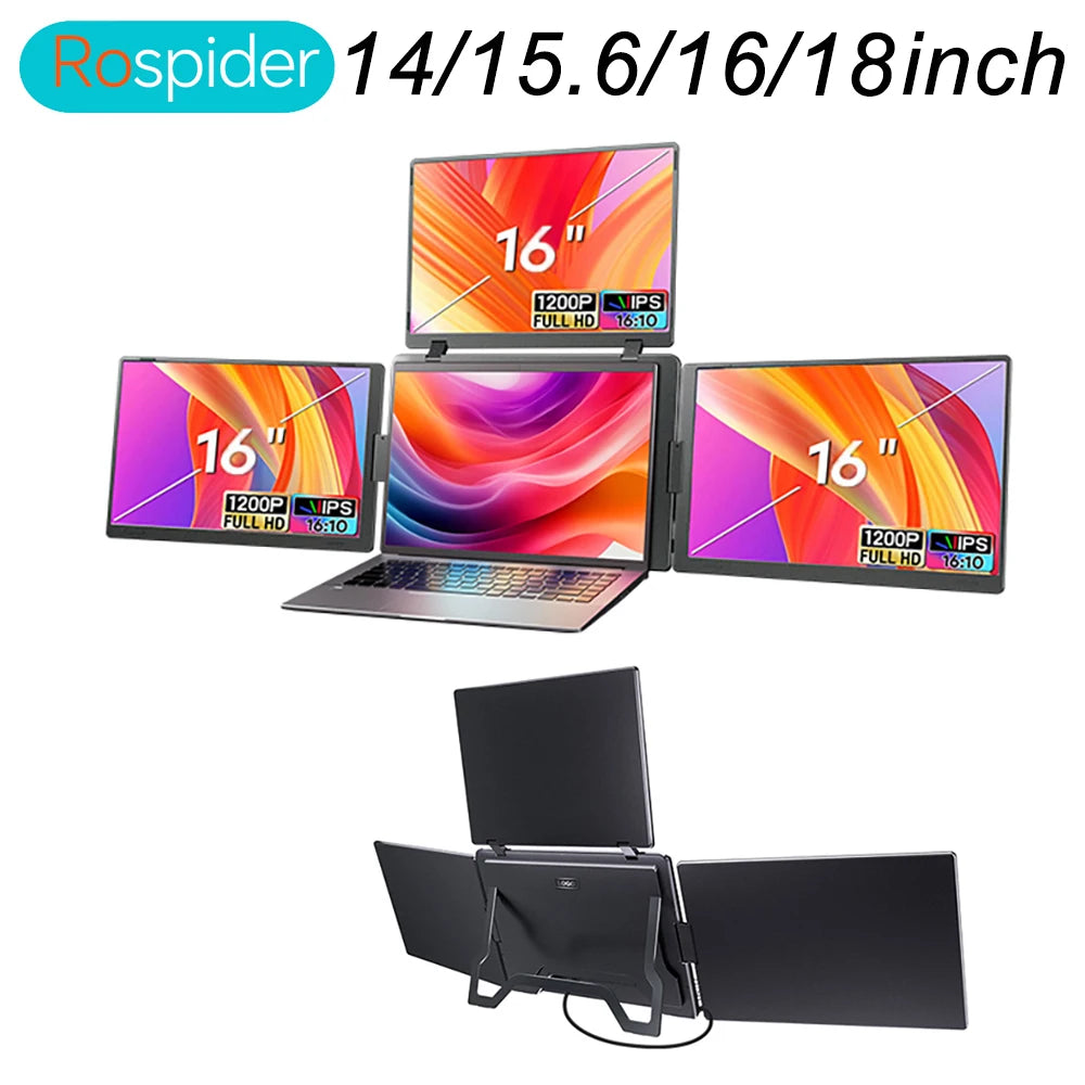 Triple Screen Portable LCD Backlit Monitor FHD Display Secondary Screen Connected to Notebook with 1 Cable Sub Screen Extender